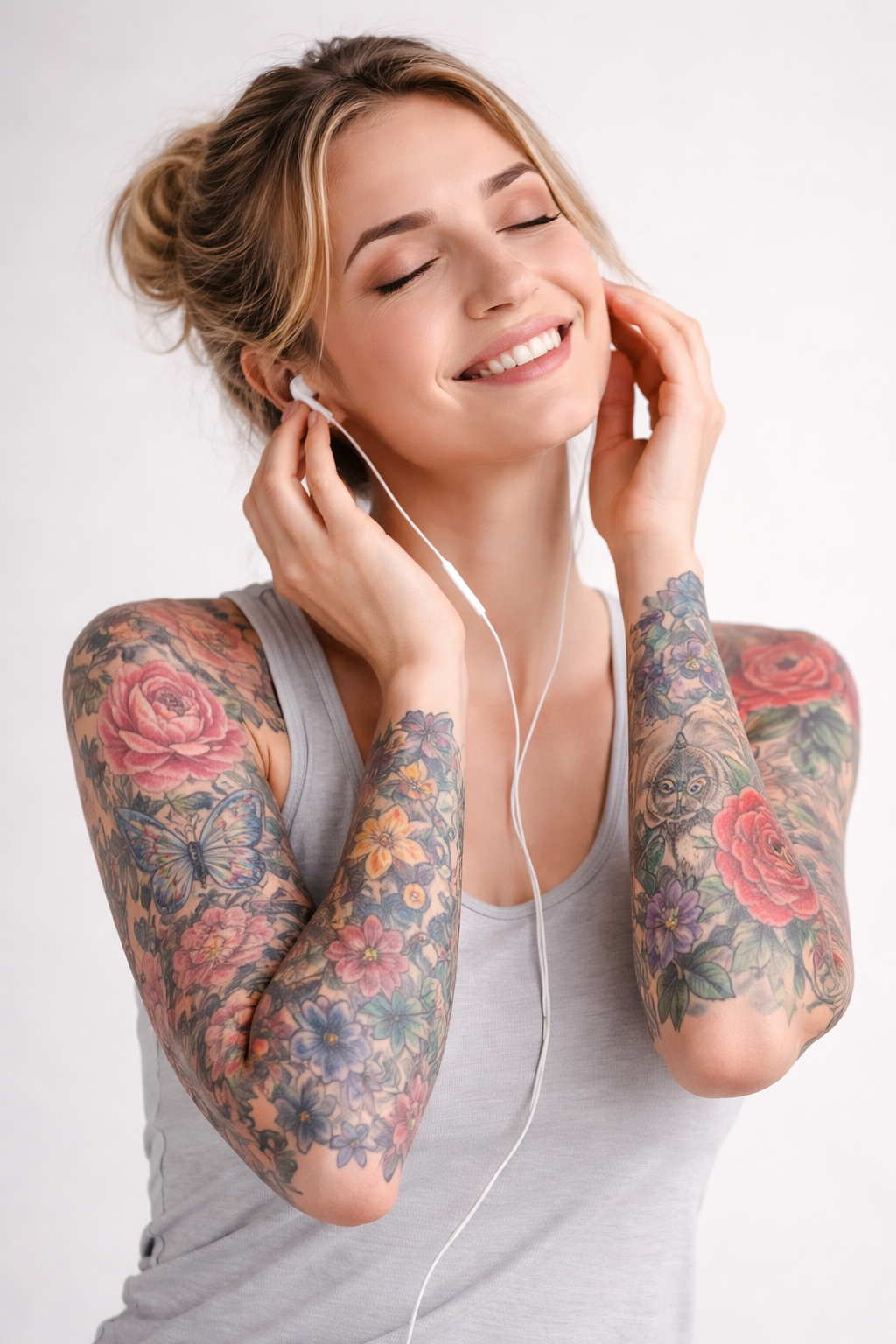 Femme souriante avec des tatouages floraux colorés sur les bras, illustrant le confort pendant le détatouage